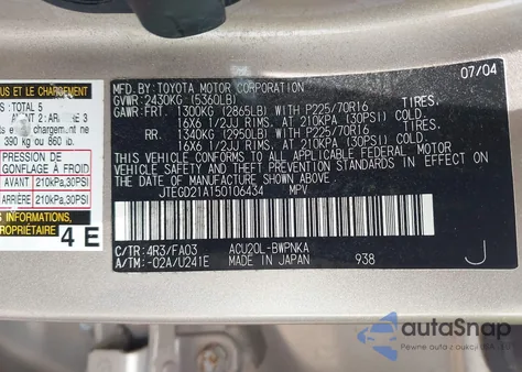 2005 Toyota Highlander z USA, uszkodzony, nr VIN JTEGD21A150106434